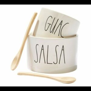 Rae Dunn Guac and Salsa bowls with 2 bamboo spoons